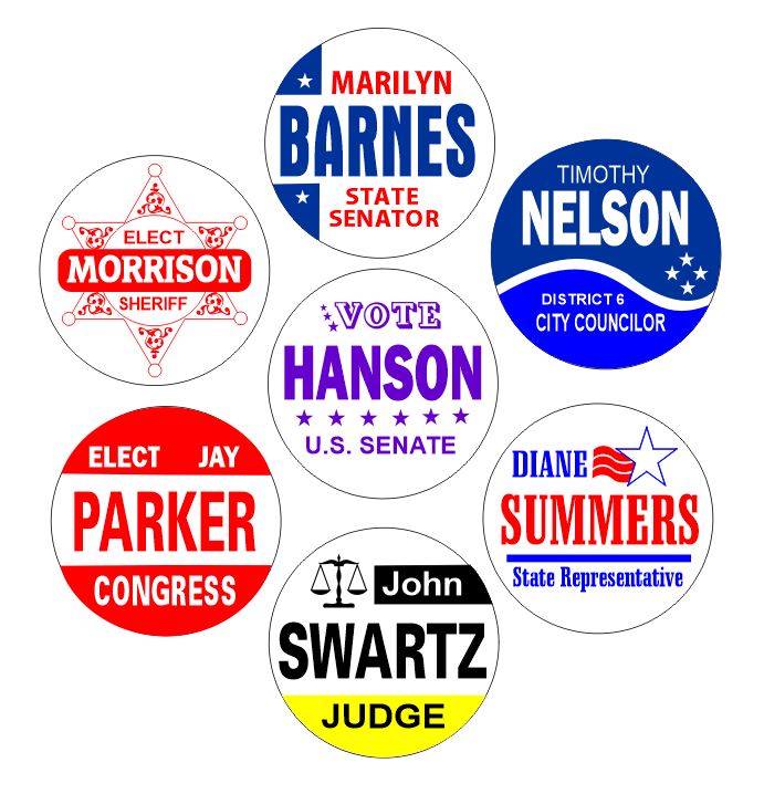 Custom printed round lapel stickers for elections, political candidates, political campaigns and political organizations.
