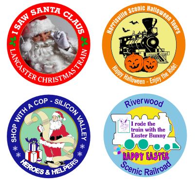 Custom printed full color Christmas, Easter and Halloween stickers for railroads, shop with a cop, Christmas Tree farms, Santa Claus, Easter Bunny and more.