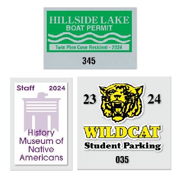 Custom printed window permit stickers. Ideal for colleges, resident, staff, employee parking. Great for boat, transfer stations and recycling permits too.