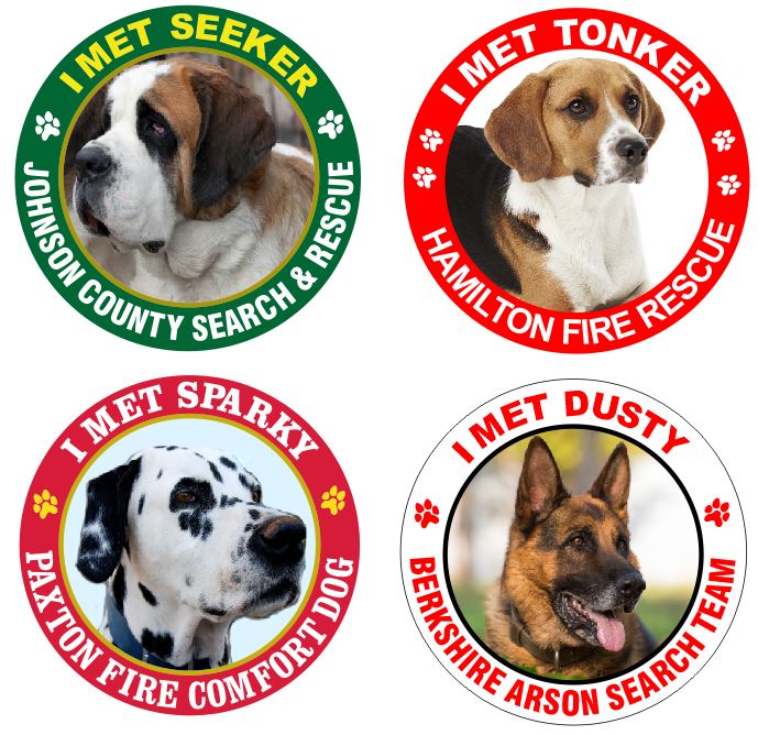 Custom printed full color stickers featuring your fire dog or comfort dog. Add your department's name, dog's name.