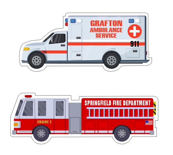 Custom-made die-cut vinyl fire truck and emergency vehicle stickers.