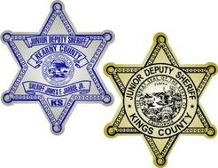 Custom printed junior deputy sheriff badge stickers with your departmen's name , state seal or
sheriff logo. Available in shiny gold or shiny silver. 