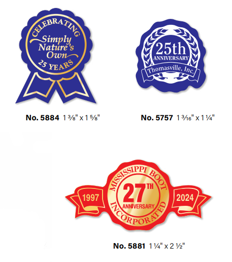 Custom printed paper anniversary and recognition labels, 1,000 labels per roll. Available in shiny gold, shiny silver or glossy white label stock. 