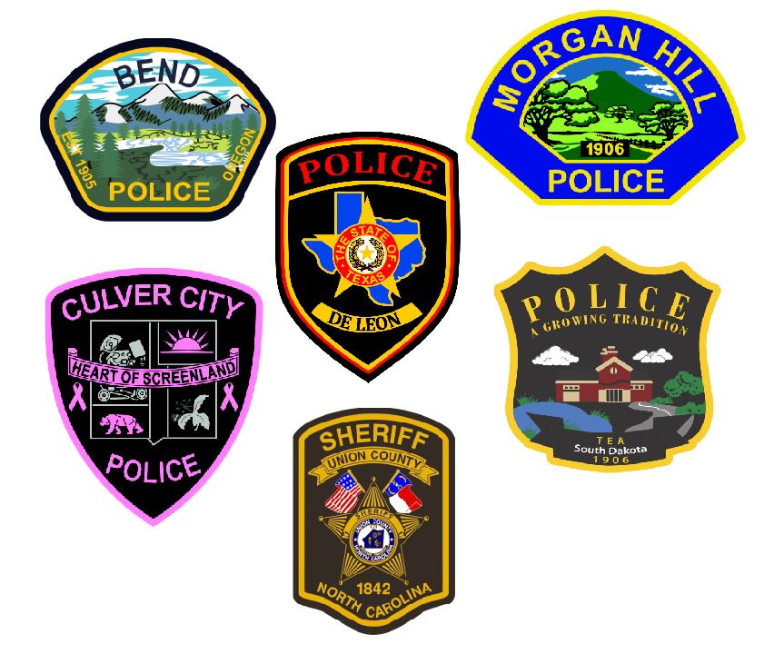 Custom printed full color police and law enforcement shaped patch stickers. Printed on Premium Vinyl for Indoor or Outdoor Use.